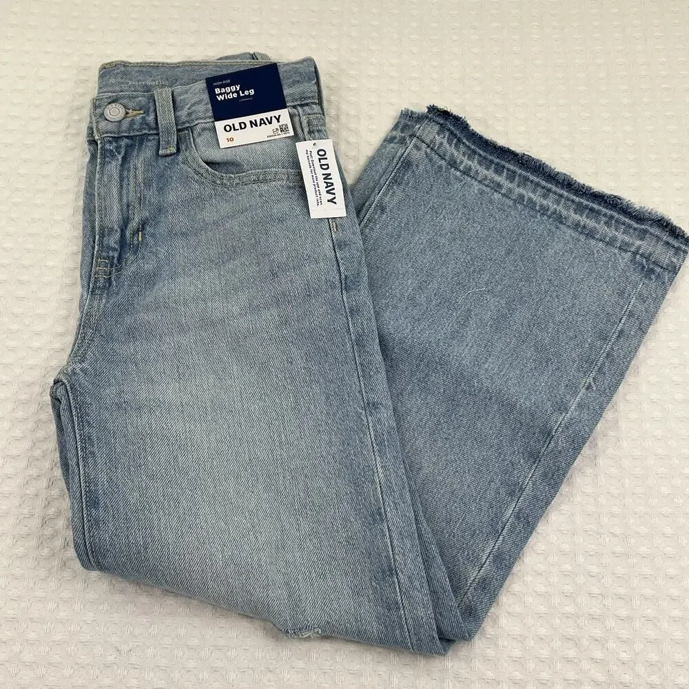 Old Navy Girls 10 High Rise Baggy Wide Leg Jeans NWT Ripped Raw Hem